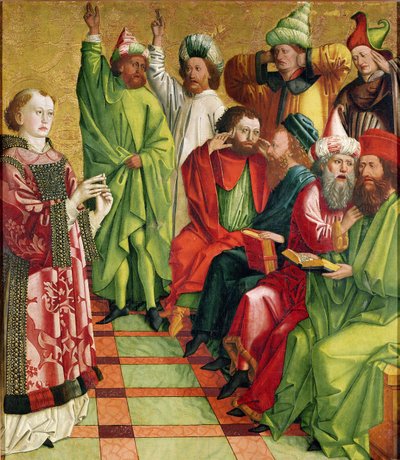 Der heilige Stephan vor den Richtern, vom Altarbild des heiligen Stephanus, um 1470 von Michael Pacher